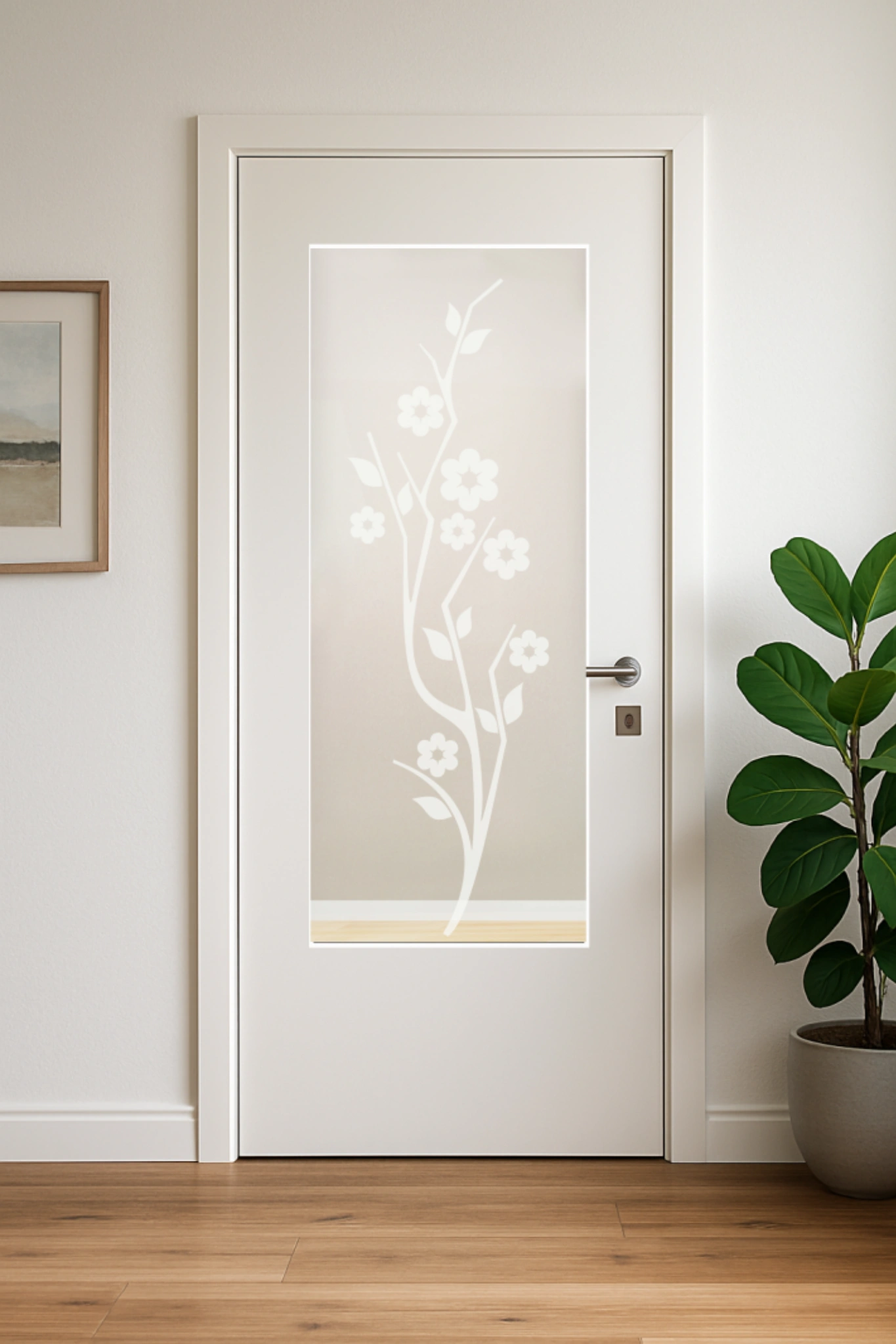Glaseinsatz aus ESG Klarglas 4 mm mit Sandstrahlmotiv Clematis für Türen nach Maß