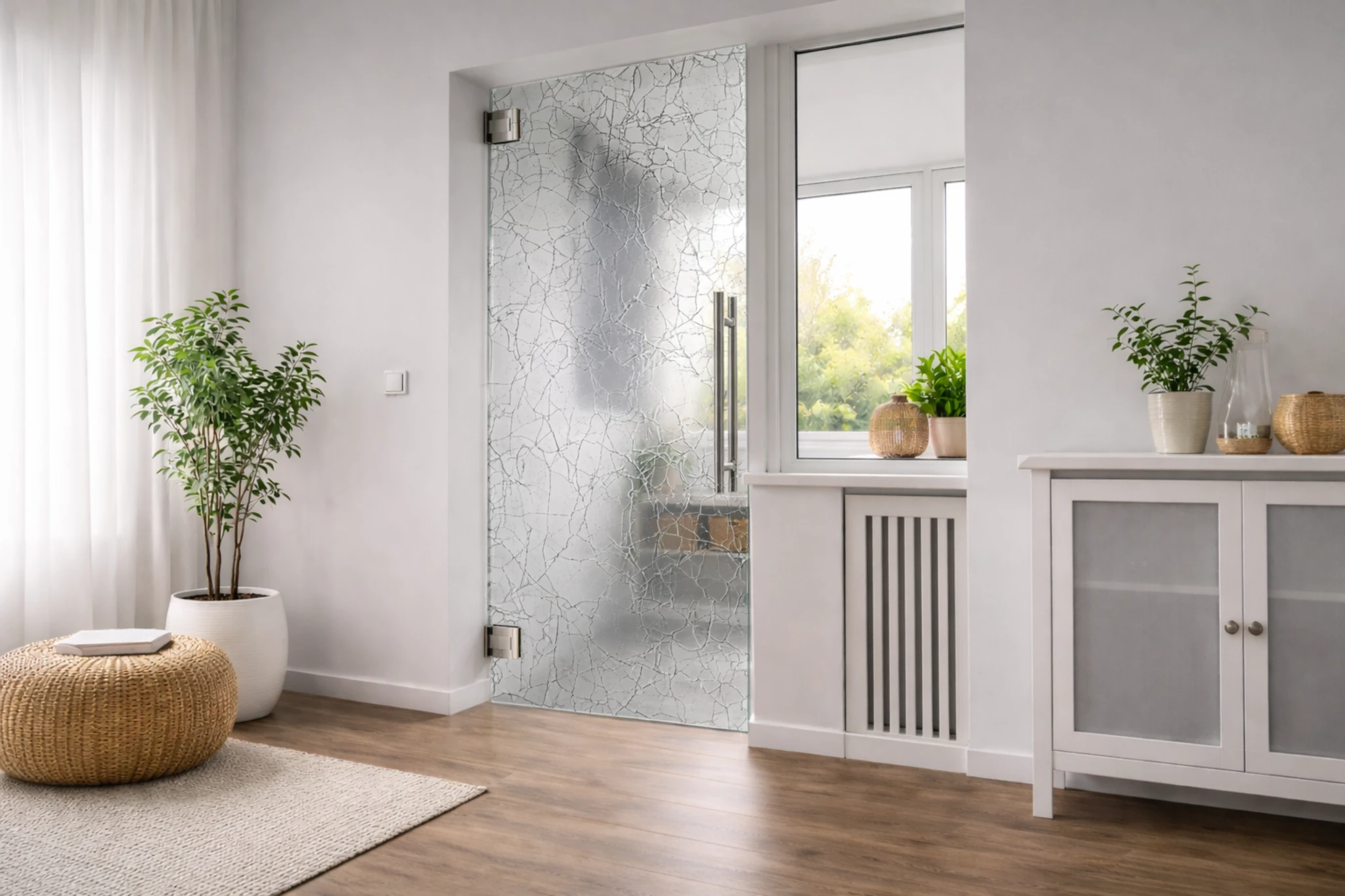 Glaspendeltür aus ESG Glas Ornamentglas Madras Uadi als moderne Innentür