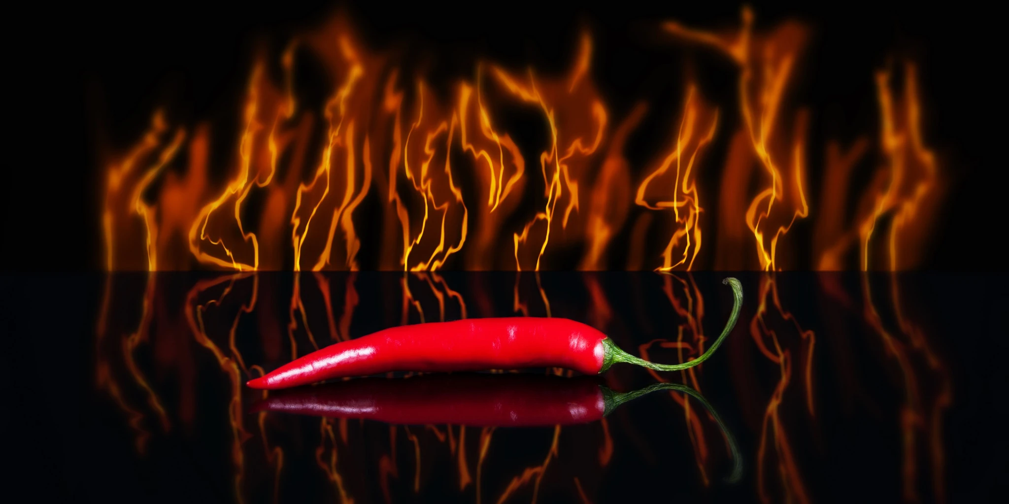 Küchenrückwand aus ESG Glas Glasbild mit Motiv Peperoni in Flammen in 4 mm, 6 mm oder 8 mm nach Maß gefertigt