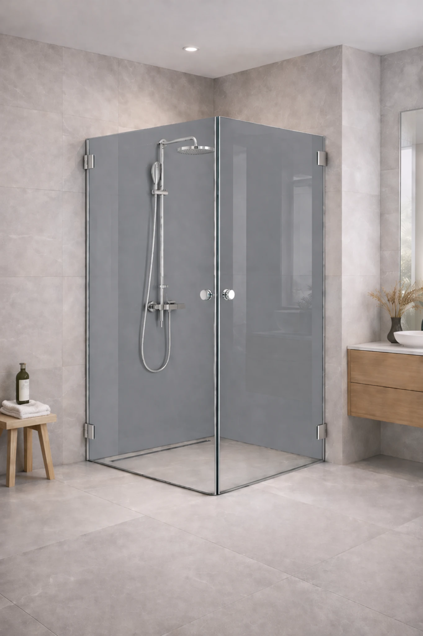 Rückwand für Glasdusche in RAL 7000 Fehgrau klar