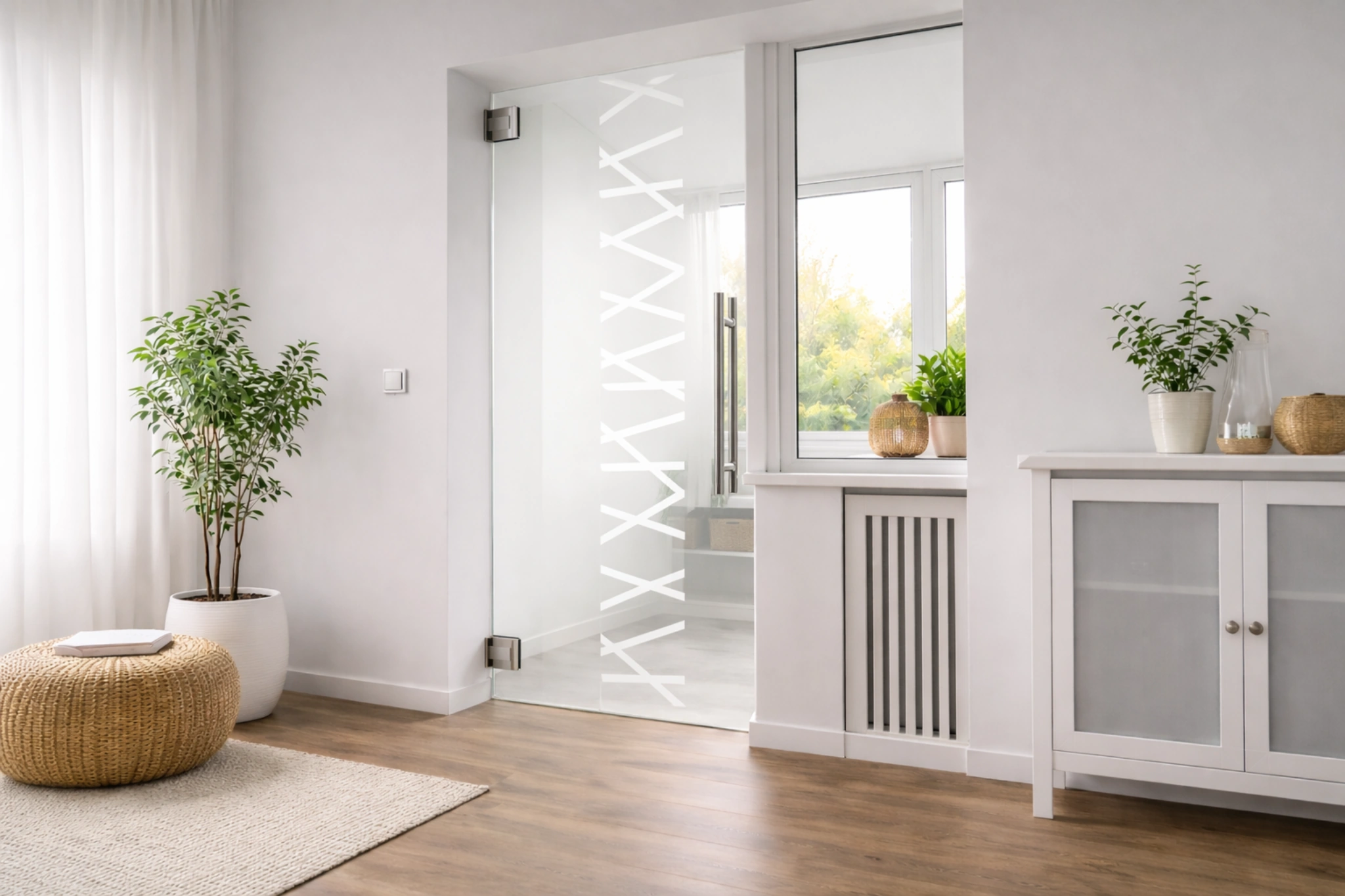 Pendeltür aus Glas mit Motiv Mikado als moderne Innentür