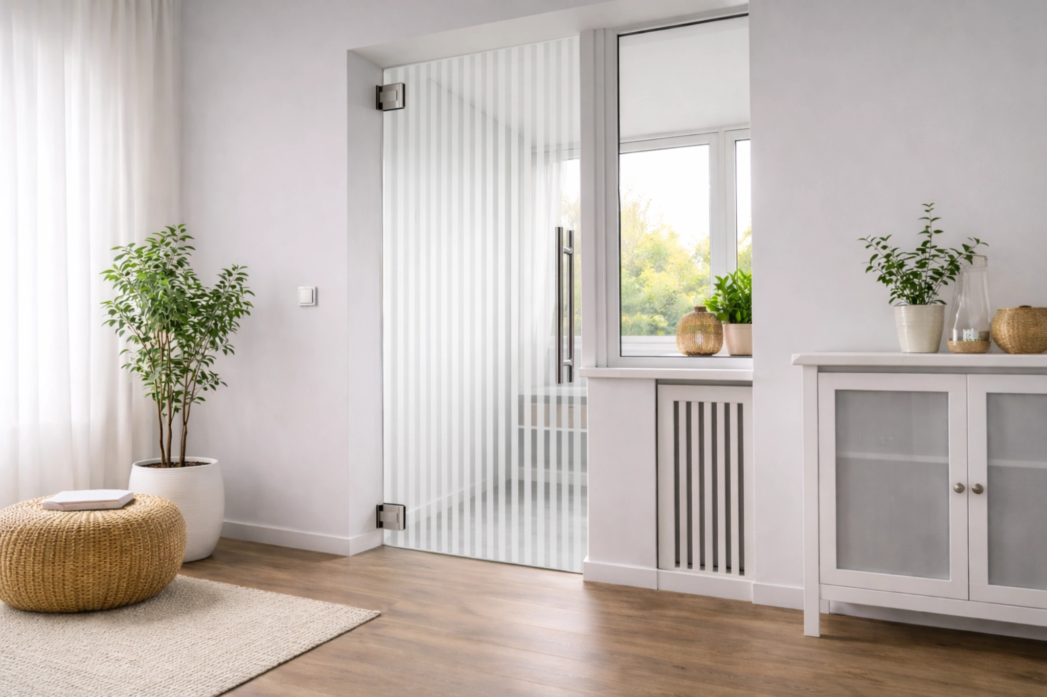 Pendeltür aus Glas mit Motiv Barcode als moderne Innentür