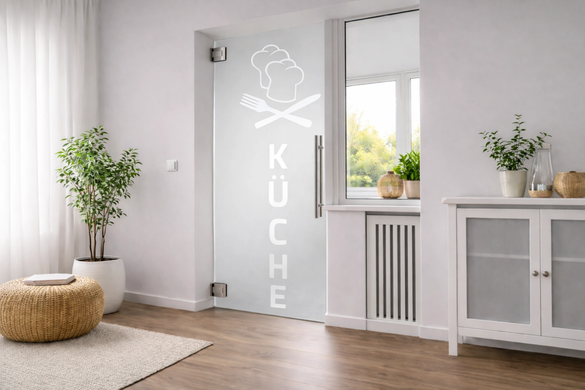Pendeltür aus Glas mit Motiv Meisterküche als moderne Innentür