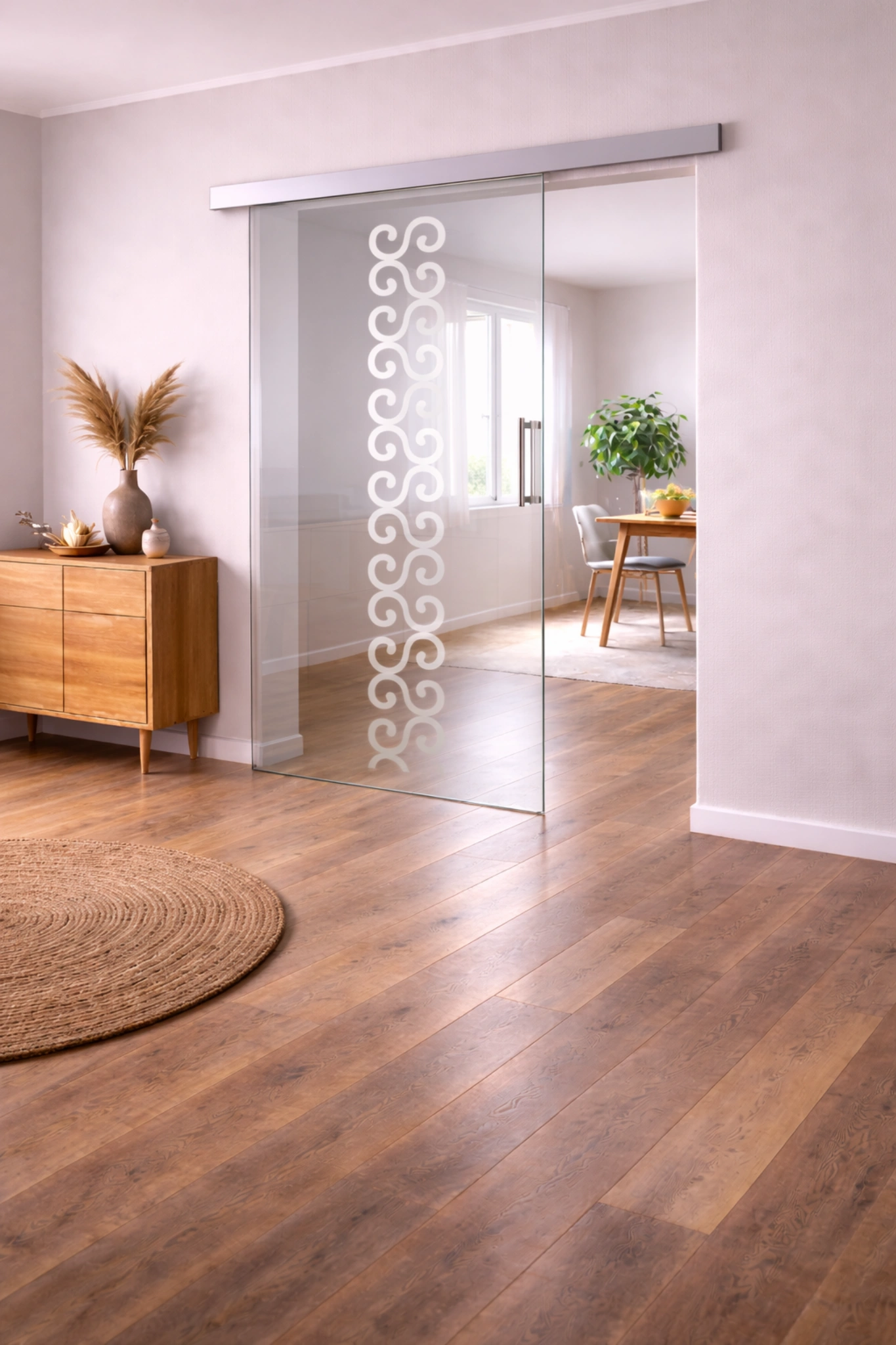 Schiebetür aus ESG Klarglas 8 mm mit Sandstrahlmotiv Schwung für Innenräume nach Maß gefertigt