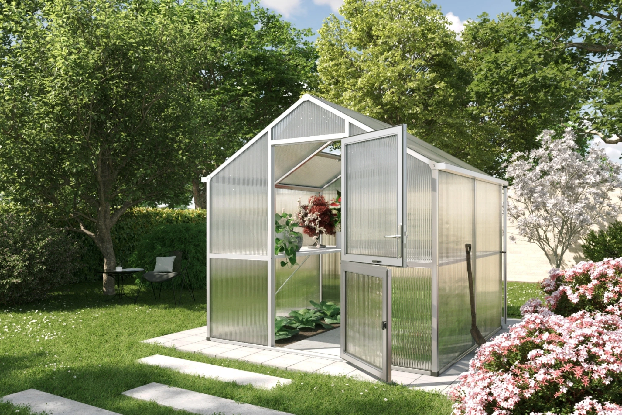 Gewächshaus aus Aluminium und Kunststoff HKP als langlebiges Gewächshaus Iris II für Gartenpflanzen