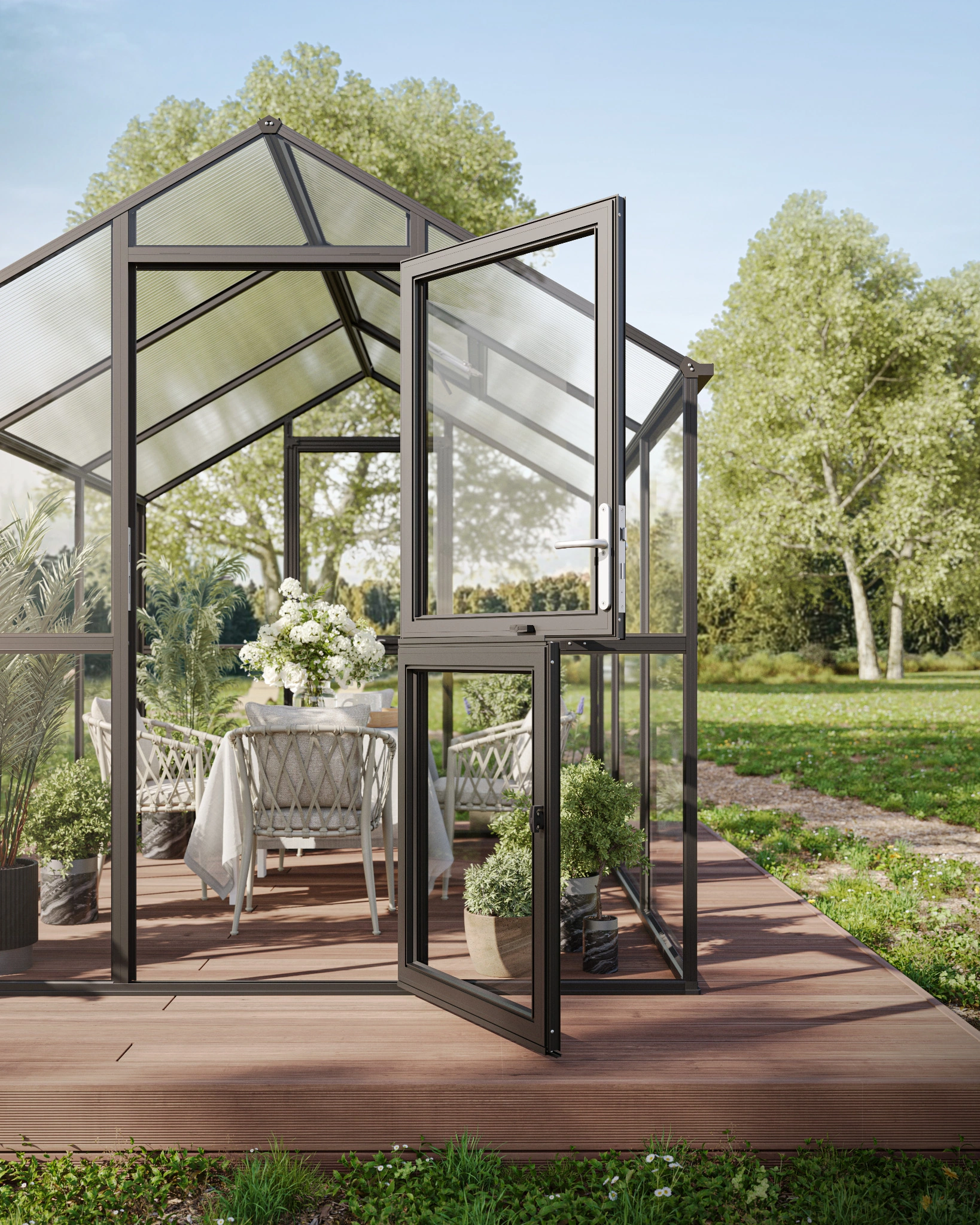 Glas Gewächshaus aus Aluminium mit ESG Sicherheitsglas als langlebiges Gewächshaus Ortasia III für Gartenpflanzen