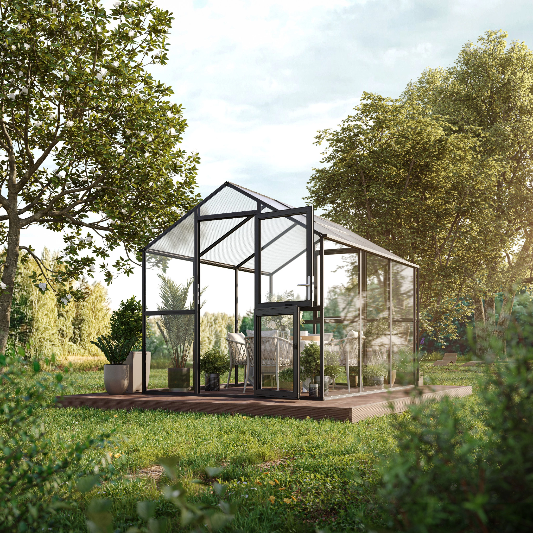 Glas Gewächshaus aus Aluminium mit ESG Sicherheitsglas als langlebiges Gewächshaus Aptasia III für Gartenpflanzen