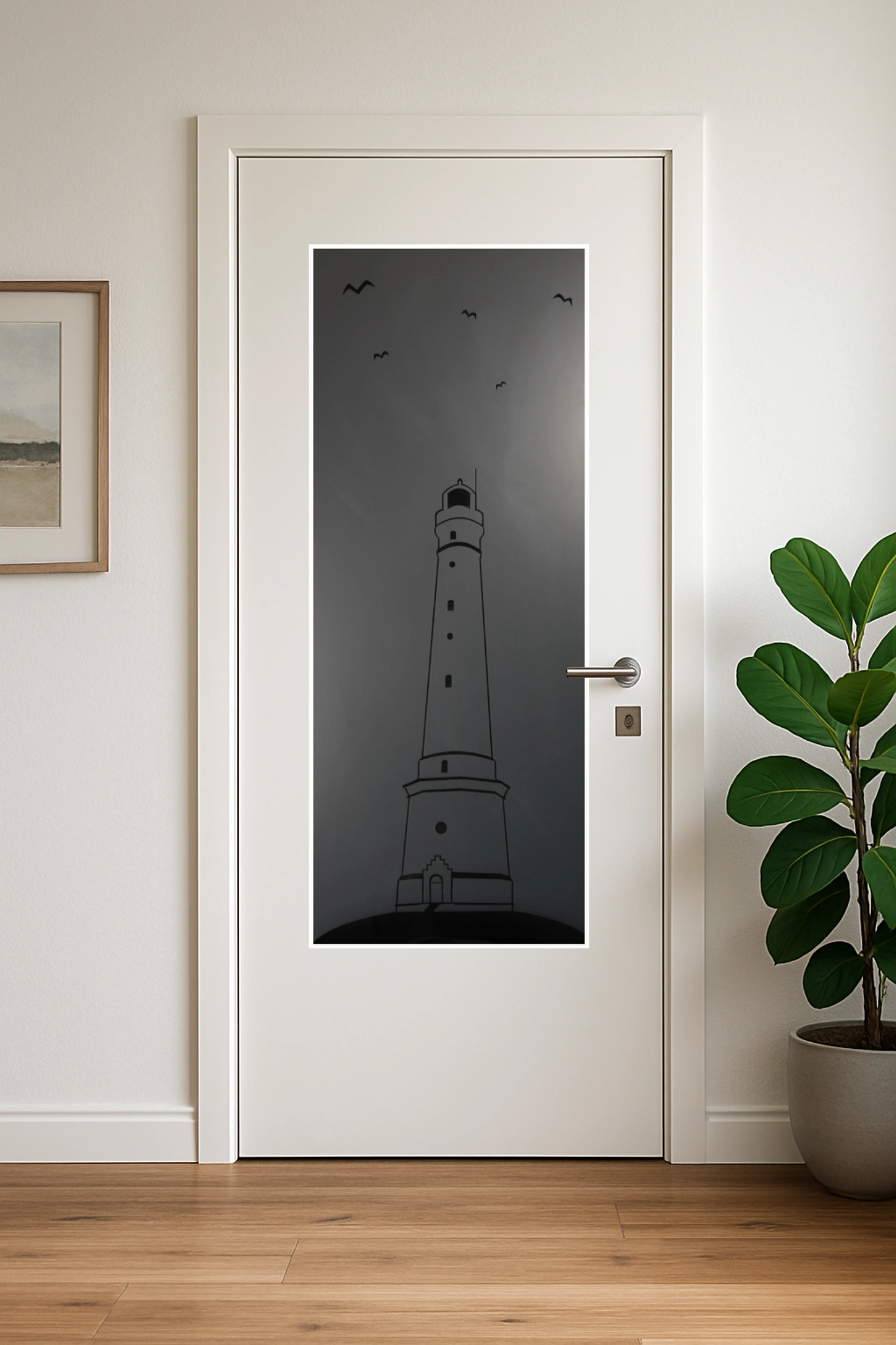 Glaseinsatz aus ESG Klarglas 4 mm mit Sandstrahlmotiv Leuchtturm für Türen nach Maß