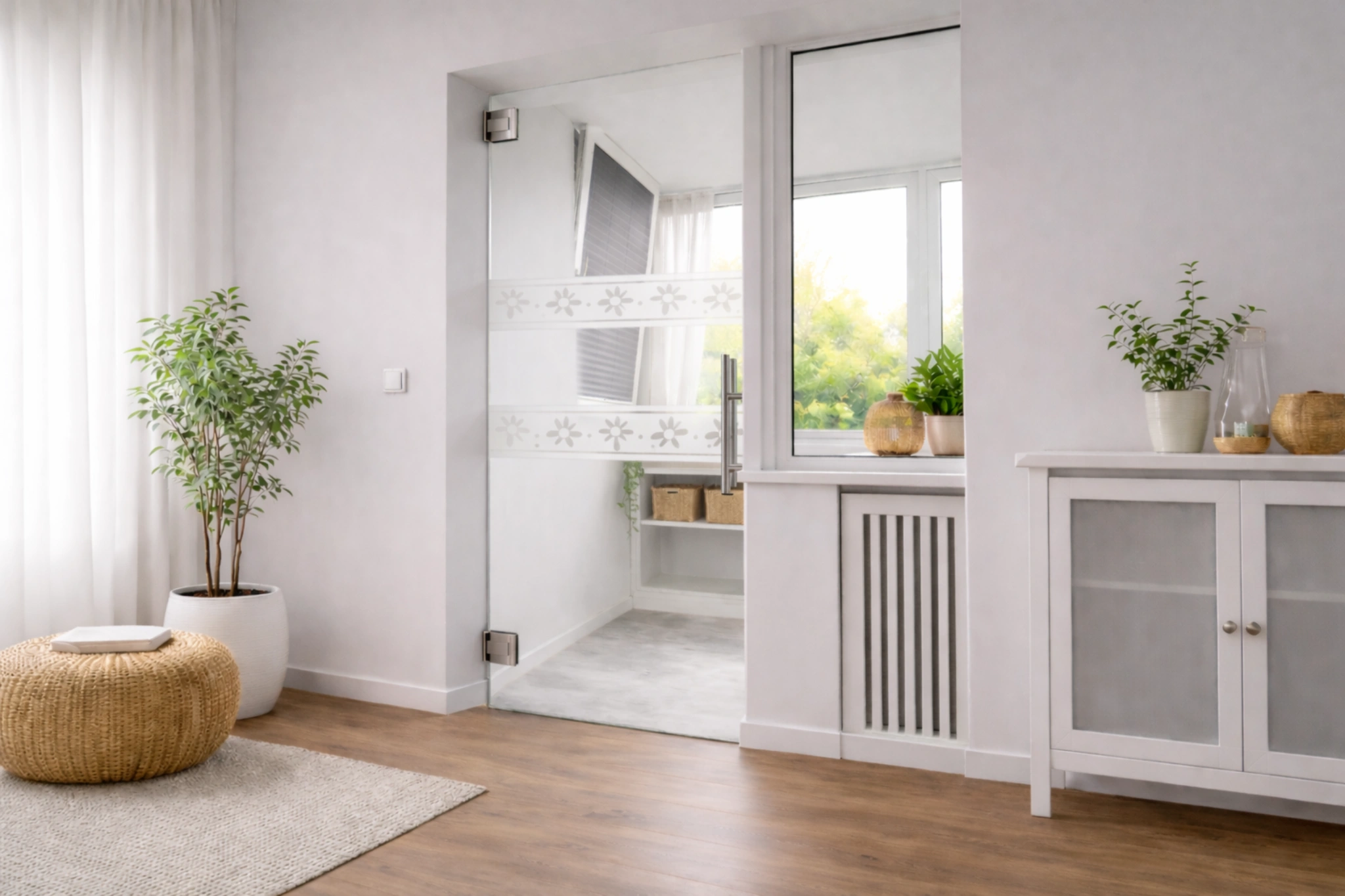 Pendeltür aus Glas mit Motiv Flowerband als moderne Innentür