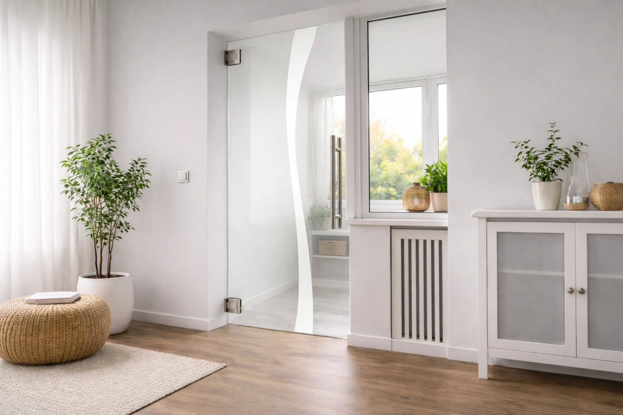 Pendeltür aus Glas mit Motiv Stream als moderne Innentür