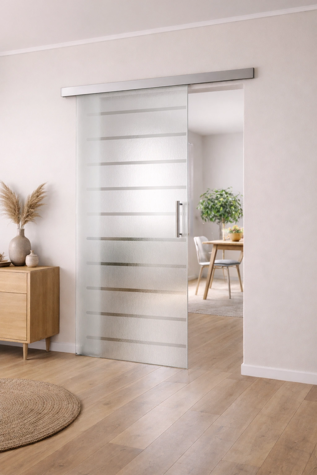 Schiebetür aus ESG Klarglas 8 mm mit Sandstrahlmotiv Lines für Innenräume nach Maß gefertigt