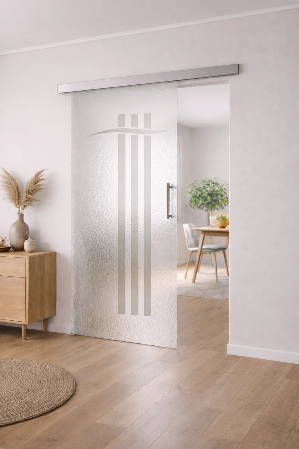 Schiebetür aus ESG Klarglas 8 mm mit Sandstrahlmotiv Symbol für Innenräume nach Maß gefertigt