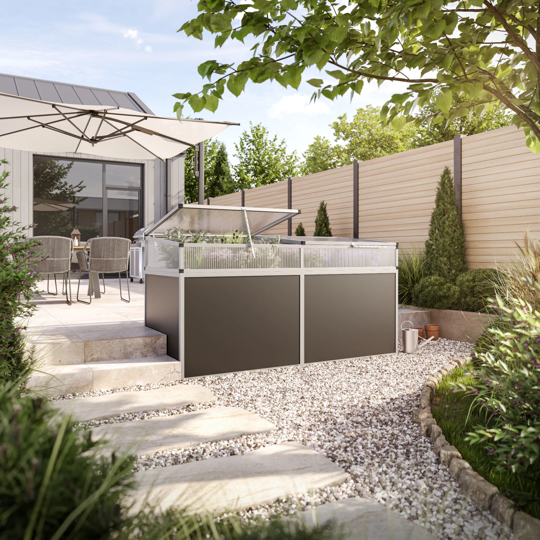 Aluminium-Hochbeet 210 cm pressblank zur Bepflanzung von Gemüse und Kräutern im Garten