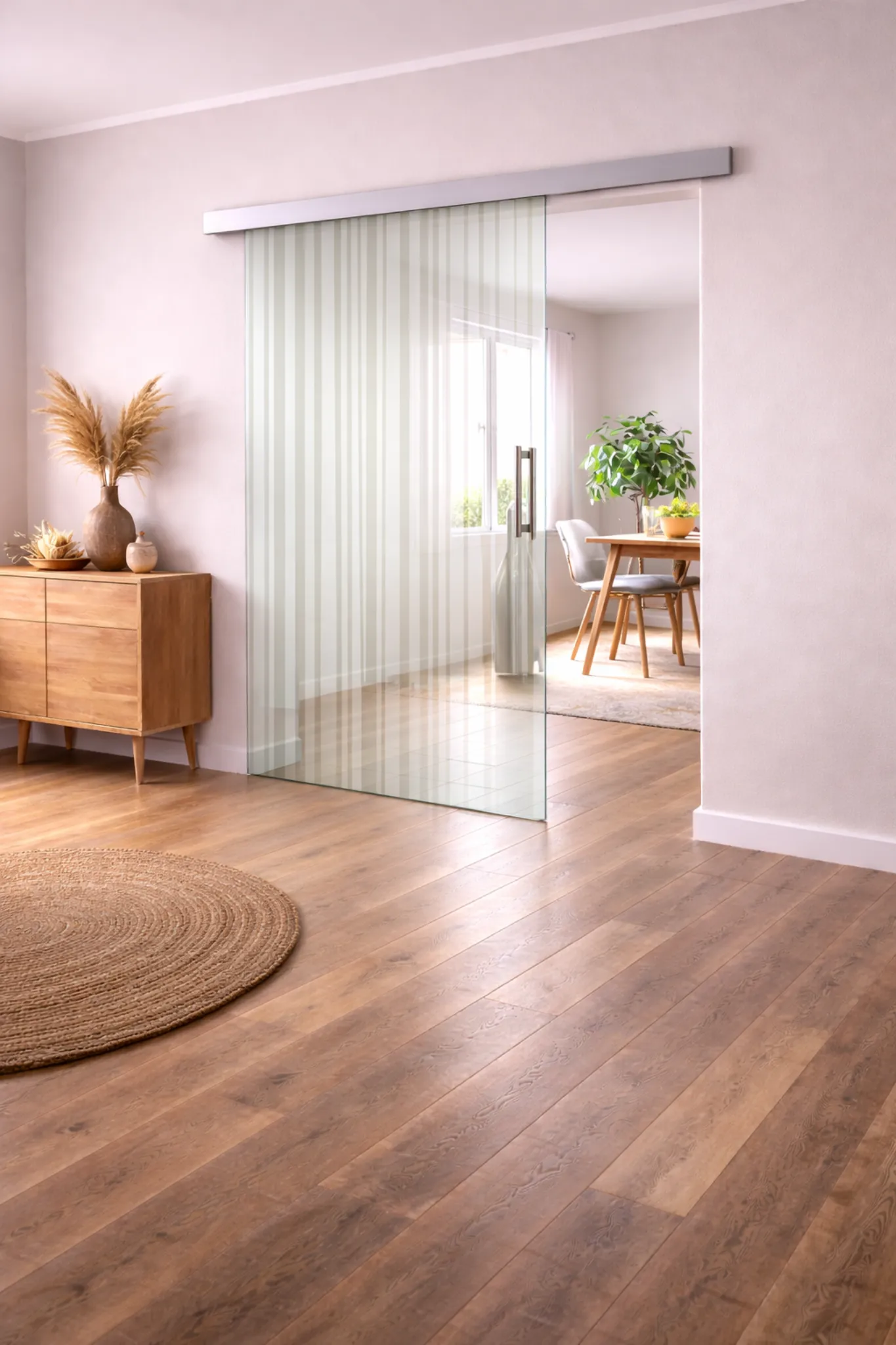 Schiebetür aus ESG Klarglas 8 mm mit Sandstrahlmotiv Barcode für Innenräume nach Maß gefertigt