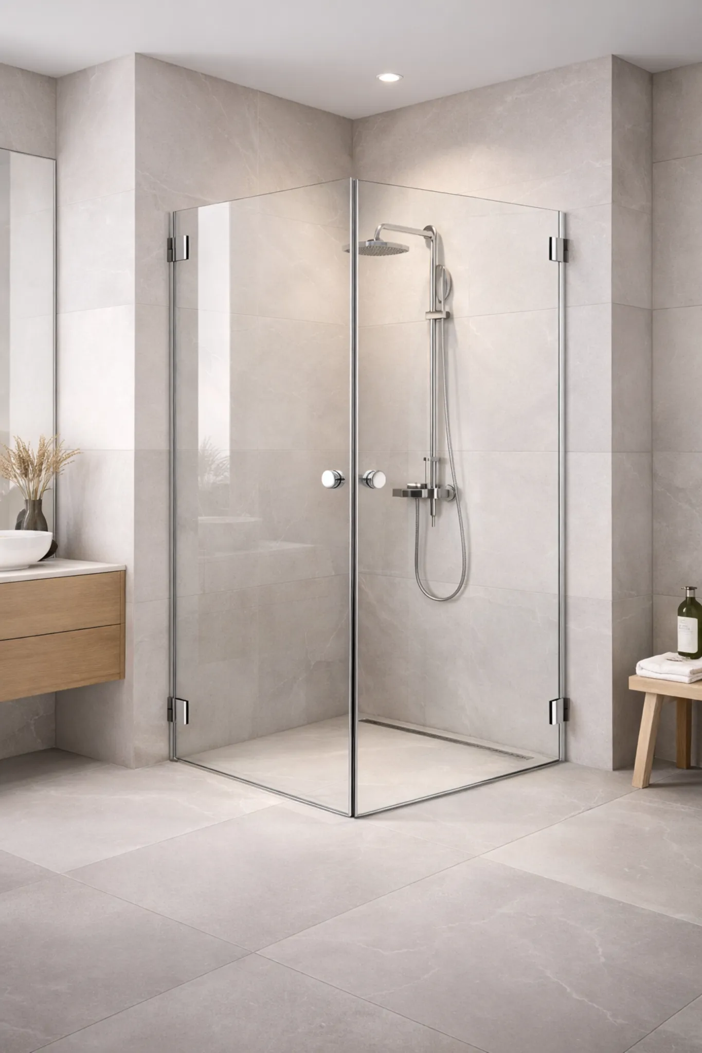 Glasdusche Ecklösung 90° mit zwei Drehtüren als Duschabtrennung
