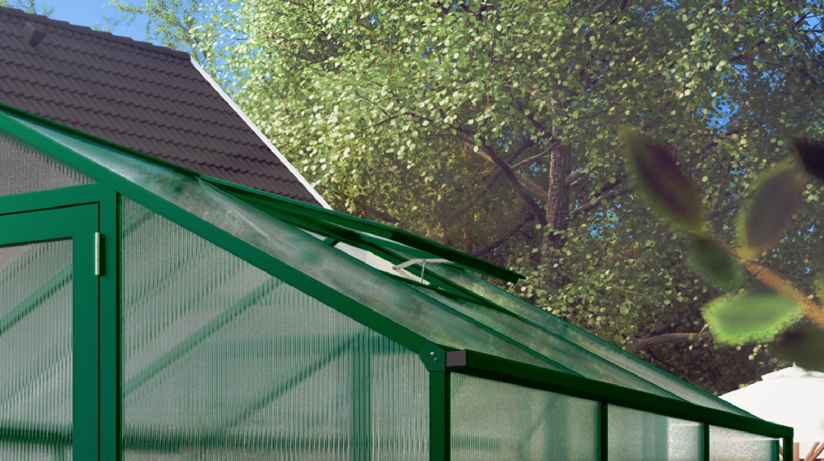 Zusätzliches Dachfenster für 16 mm Gewächshäuser in RAL 6009 Tannengrün zur Belüftung