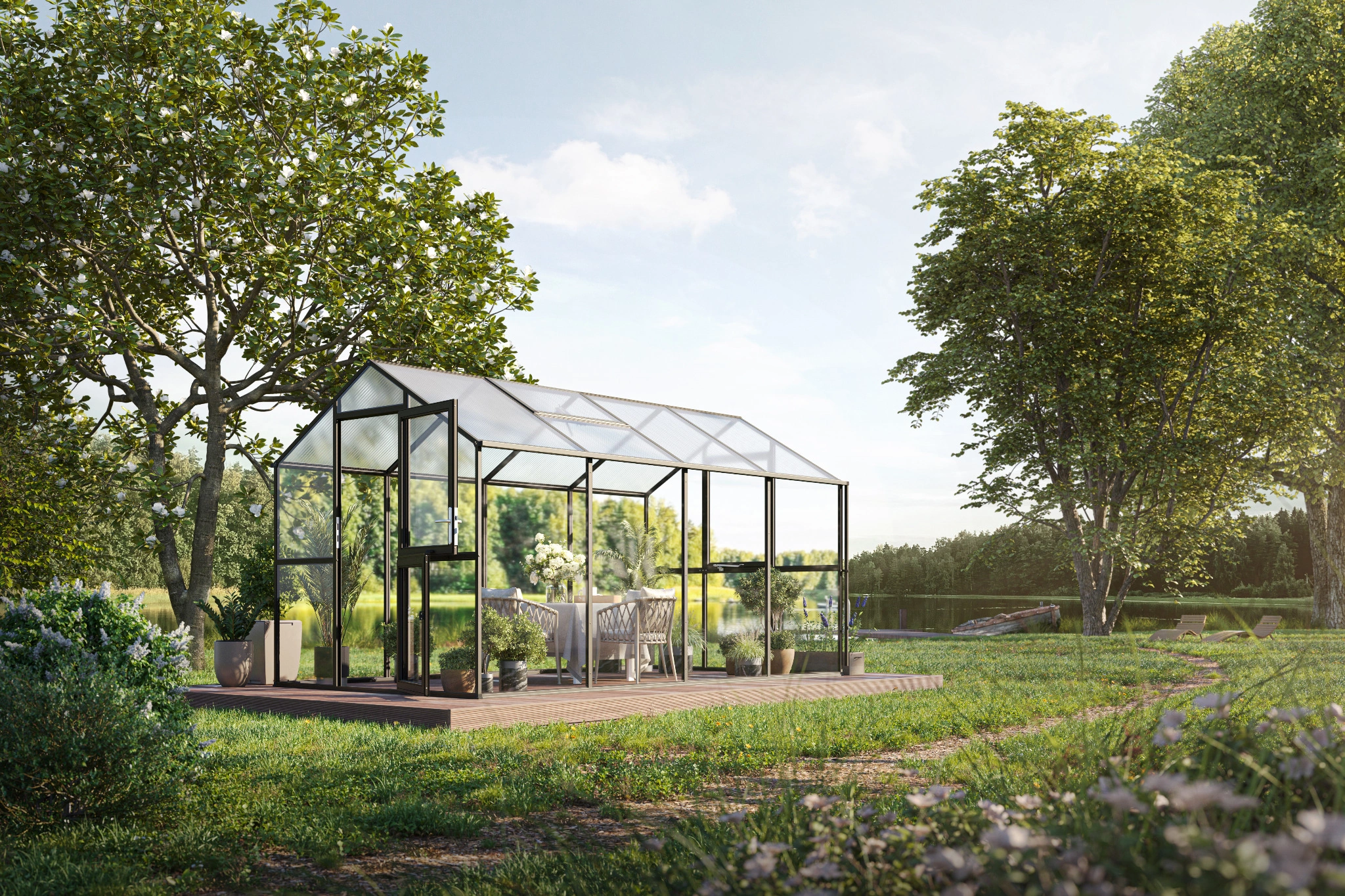 Glas Gewächshaus aus Aluminium mit ESG Sicherheitsglas als langlebiges Gewächshaus Aptasia IV für Gartenpflanzen