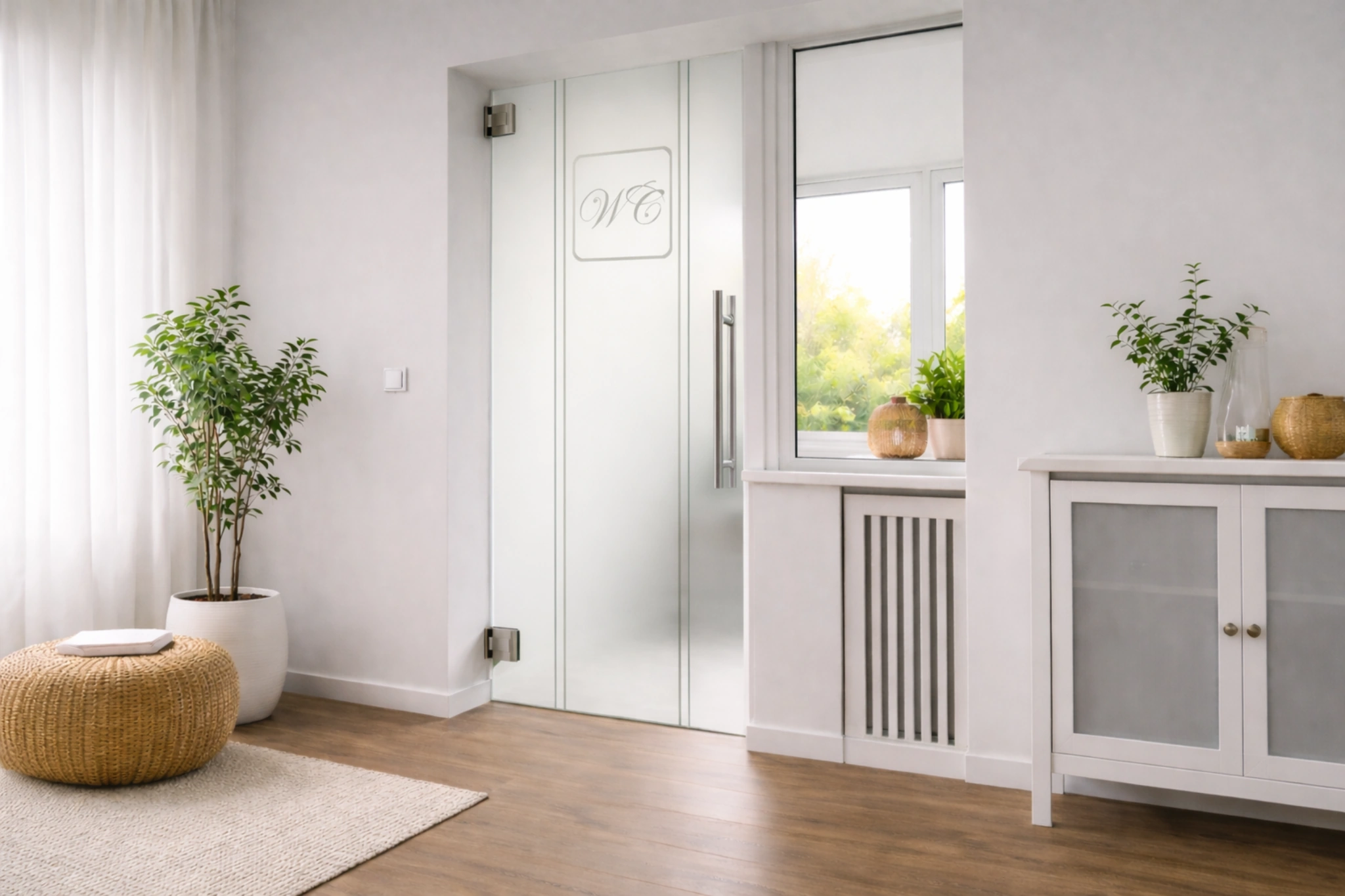 Pendeltür aus Glas mit Motiv Discret als moderne Innentür